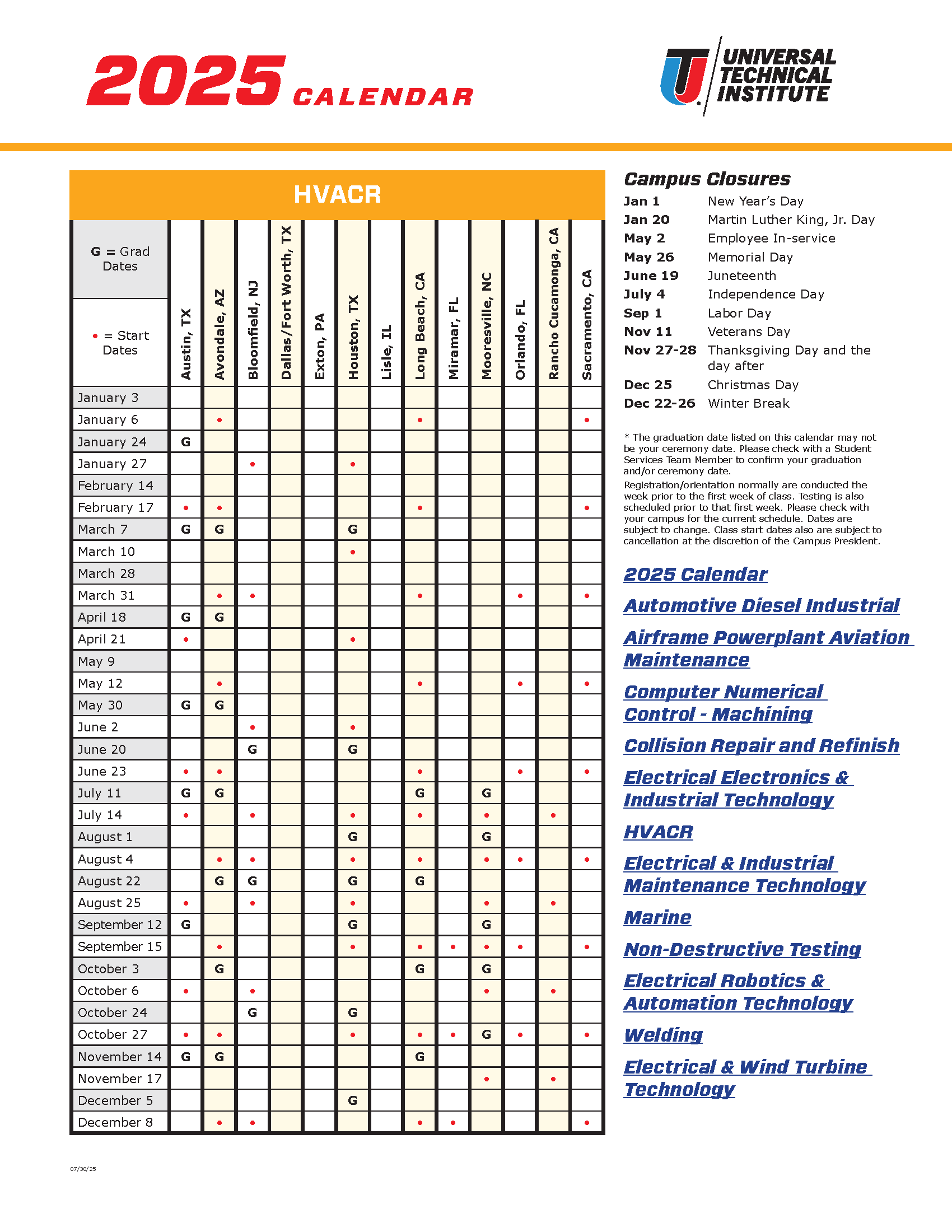 Course Calendar UTI 2025 Universal Technical Institute